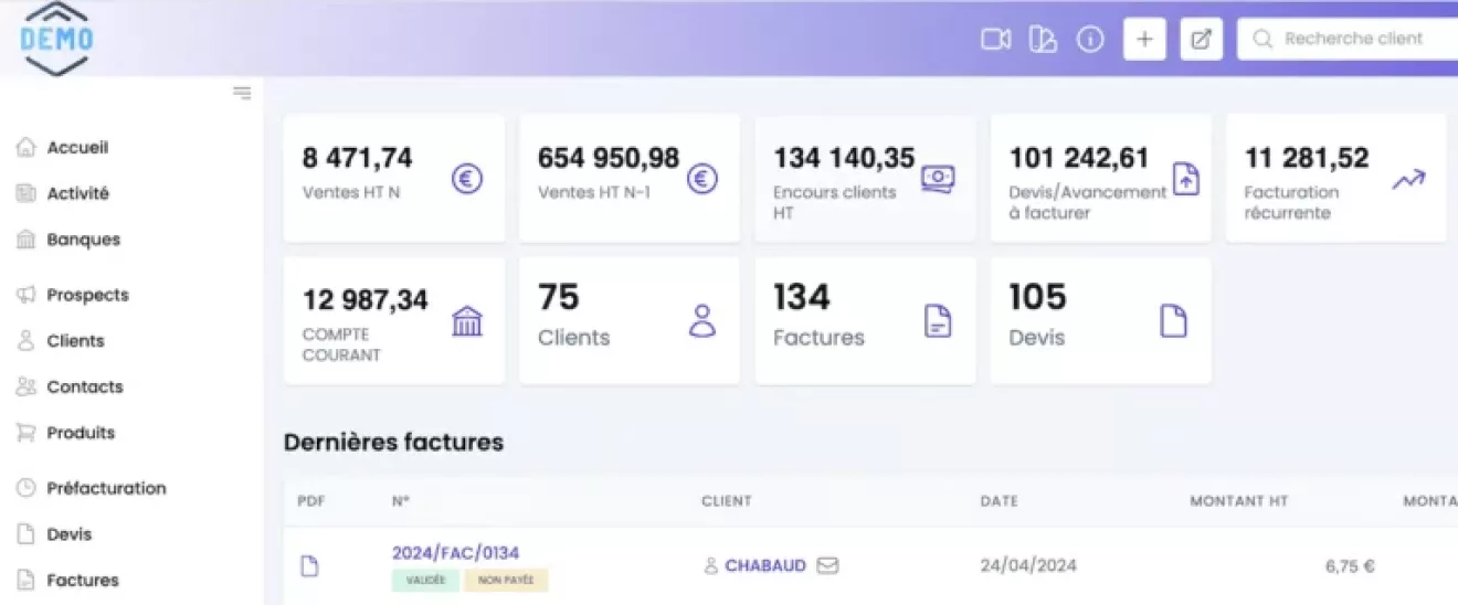 Ecran logiciel Invoincing.plus
