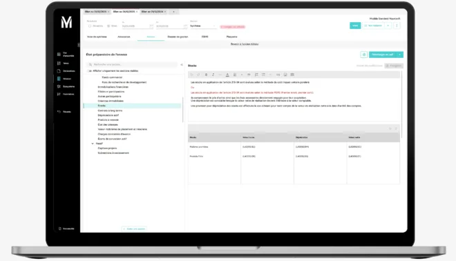 Éditeur des annexes du logiciel de révision comptable MyUnisoft affiché sur un ordinateur portable, avec la rédaction de la section Stocks de l’annexe des comptes annuels et son tableau de valeurs brutes, dépréciations et valeurs nettes