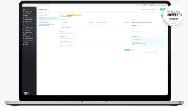 Interface MyUnisoft affichant le CRM intégré, permettant de centraliser contacts, prospects et clients, avec un pipeline commercial visible et actionnable sans outil tiers