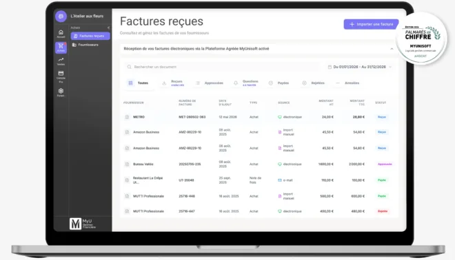 Interface MyUnisoft affichant les factures reçues, permettant de collecter, consulter et archiver un volume illimité de factures directement depuis le logiciel de facturation