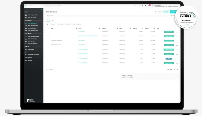 Interface MyUnisoft affichant la liste des devis, permettant de créer un nombre illimité de devis depuis le logiciel de gestion commerciale, sans restriction de volume