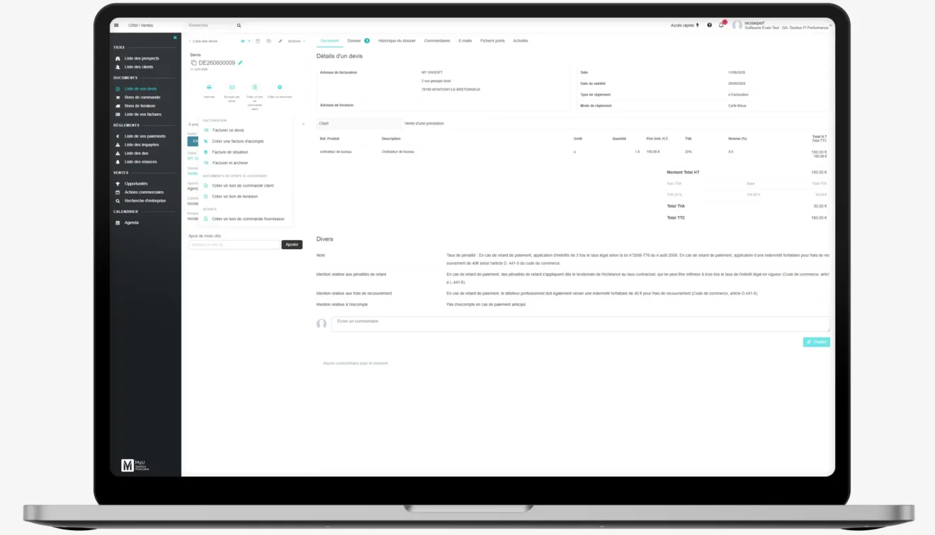 Interface MyUnisoft affichant une facture d’acompte intégrée, avec suivi des règlements partiels et déduction automatique du solde sur la facture finale