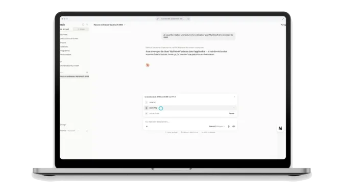 Création d'une facture MyUnisoft depuis Claude grâce au connecteur MCP, avec demande de précision sur le montant HT ou TTC