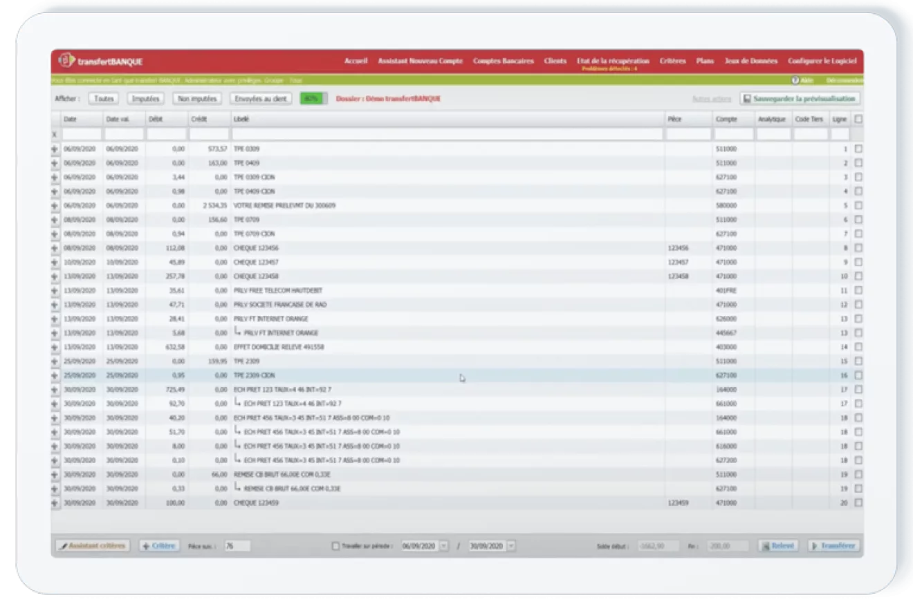 Ecran logiciel TransfertBANQUE