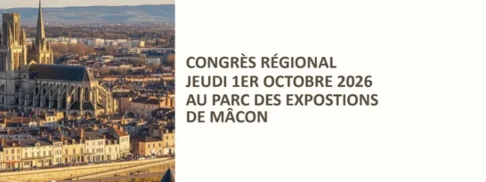 Vue aérienne de Mâcon accompagnée de l’annonce du congrès régional, organisé le jeudi 1er octobre 2026 au Parc des expositions