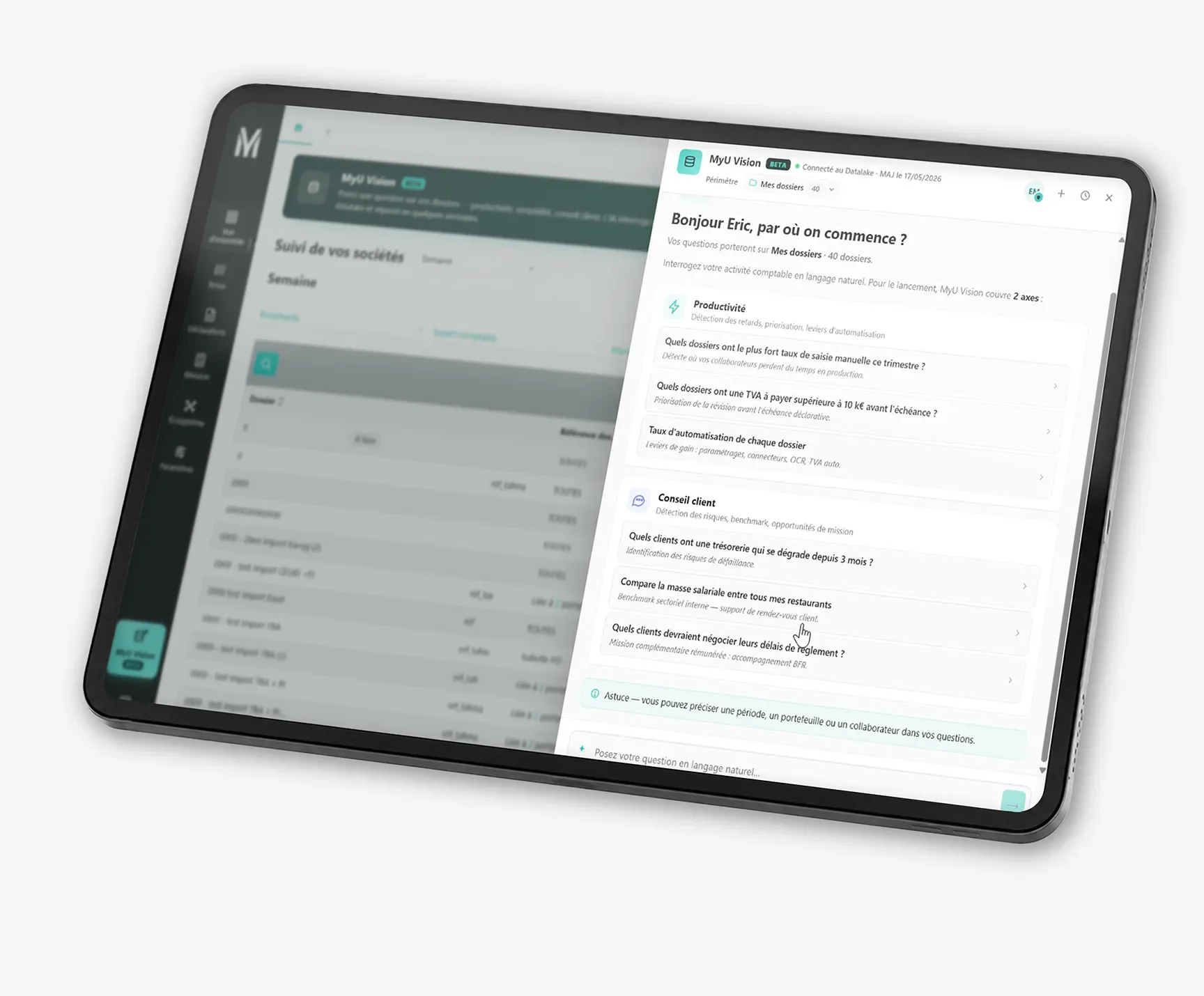 Tablette présentant l'interface du logiciel MyUvision je veux interroger mes données simplement