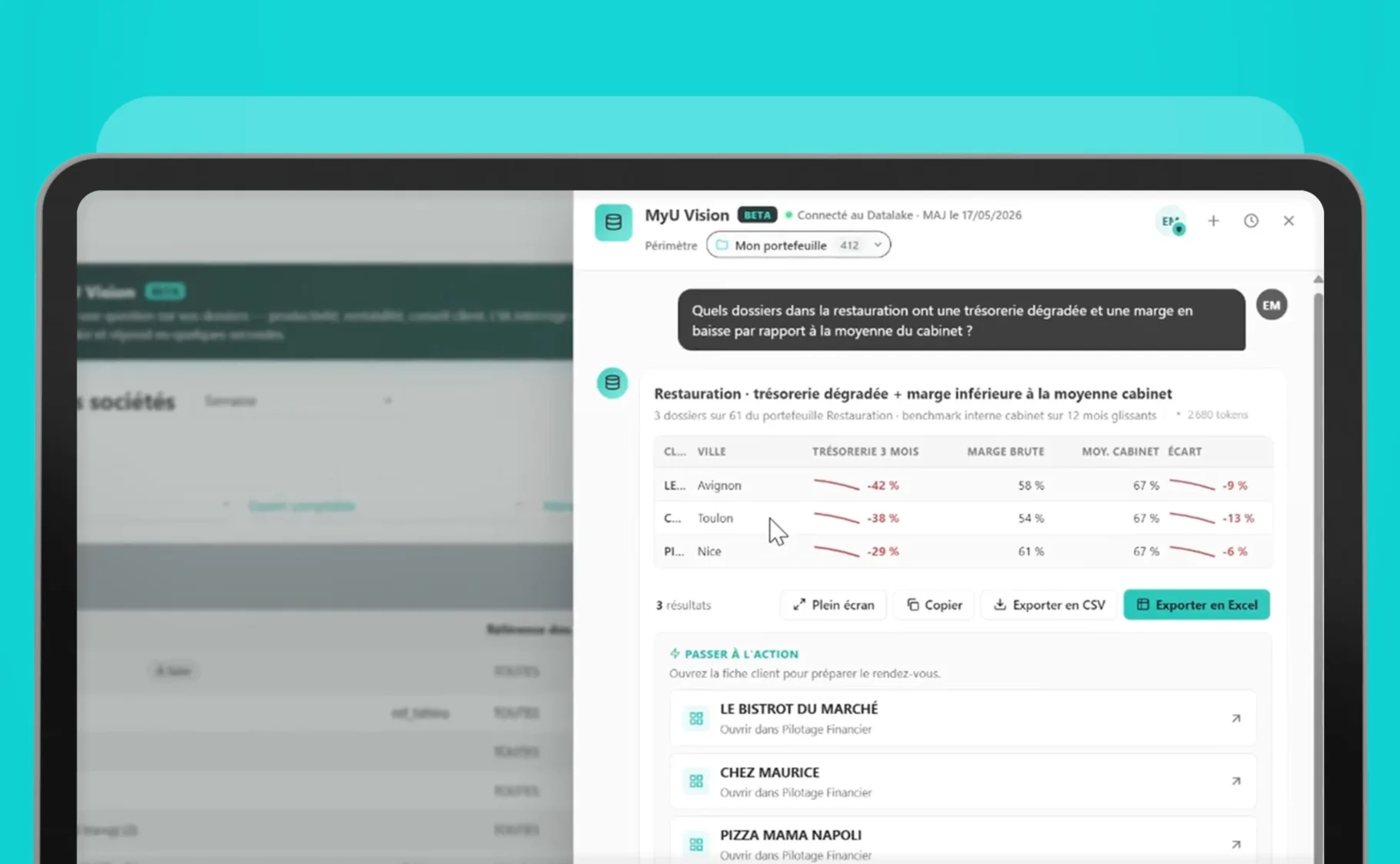 Alertes financières MyU Vision : dossiers en trésorerie dégradée et marge en baisse, à contacter en priorité