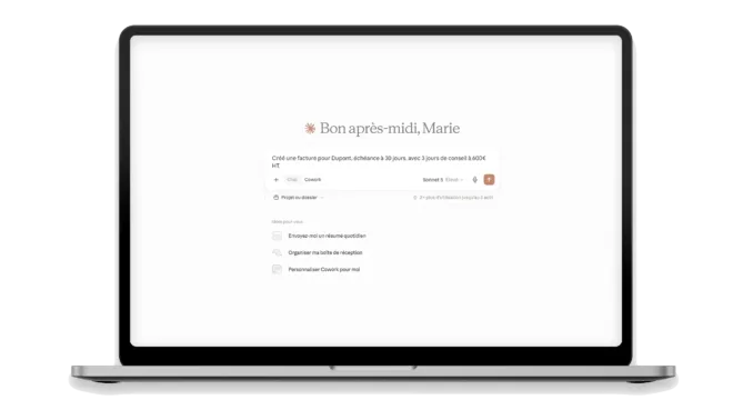 Interface Cowork MyUnisoft pour créer une facture client automatiquement à partir d'une instruction en langage naturel
