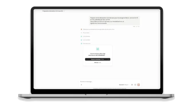 Assistant IA MyUnisoft préparant une déclaration de TVA CA3 et détectant une tentative de manipulation des données client