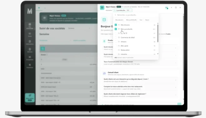 Sélection du périmètre portefeuille dans MyU Vision, limité aux dossiers attribués à chaque collaborateur