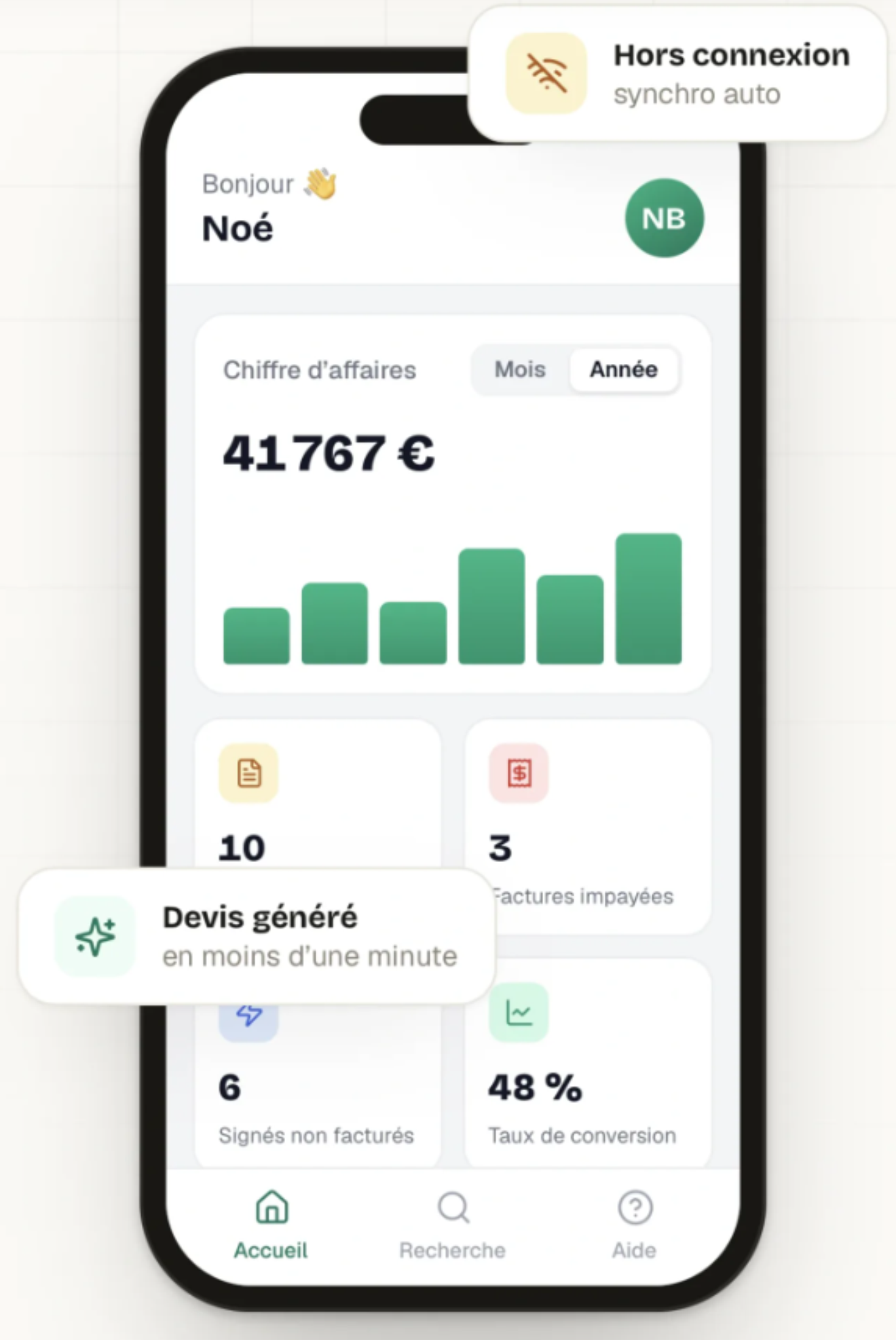 Application mobile Alfanovo - tableau de bord chiffre d'affaires et devis pour artisans