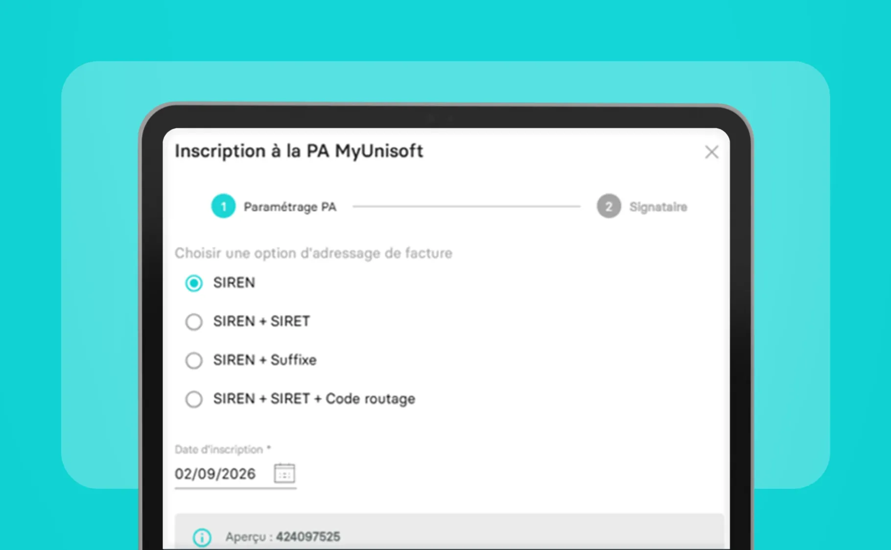 Choix de l'adresse de facturation électronique lors de l'inscription à la PA MyUnisoft