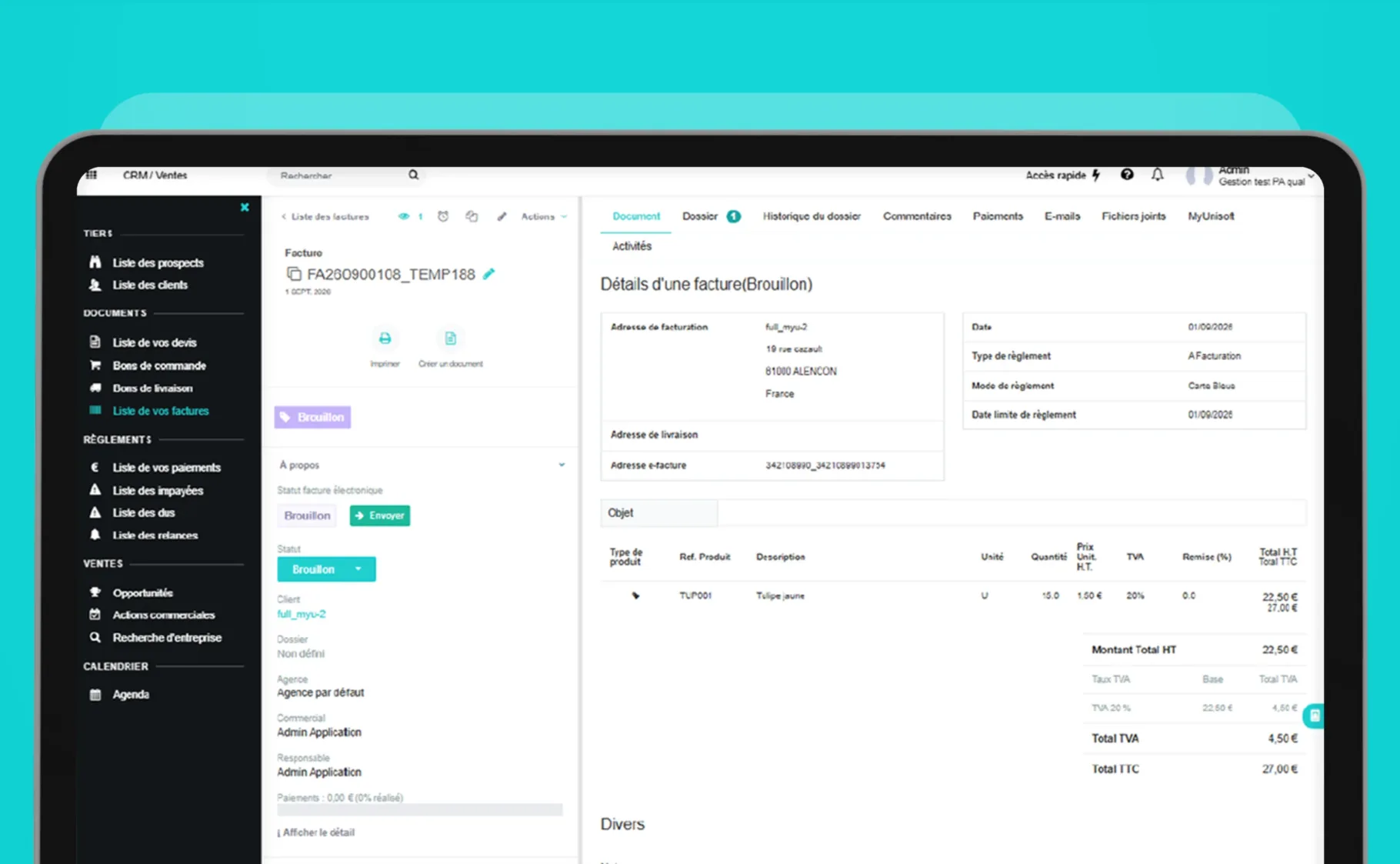 Facture avec bouton Envoyer et nouveaux statuts pour la facturation électronique MyU Gestion