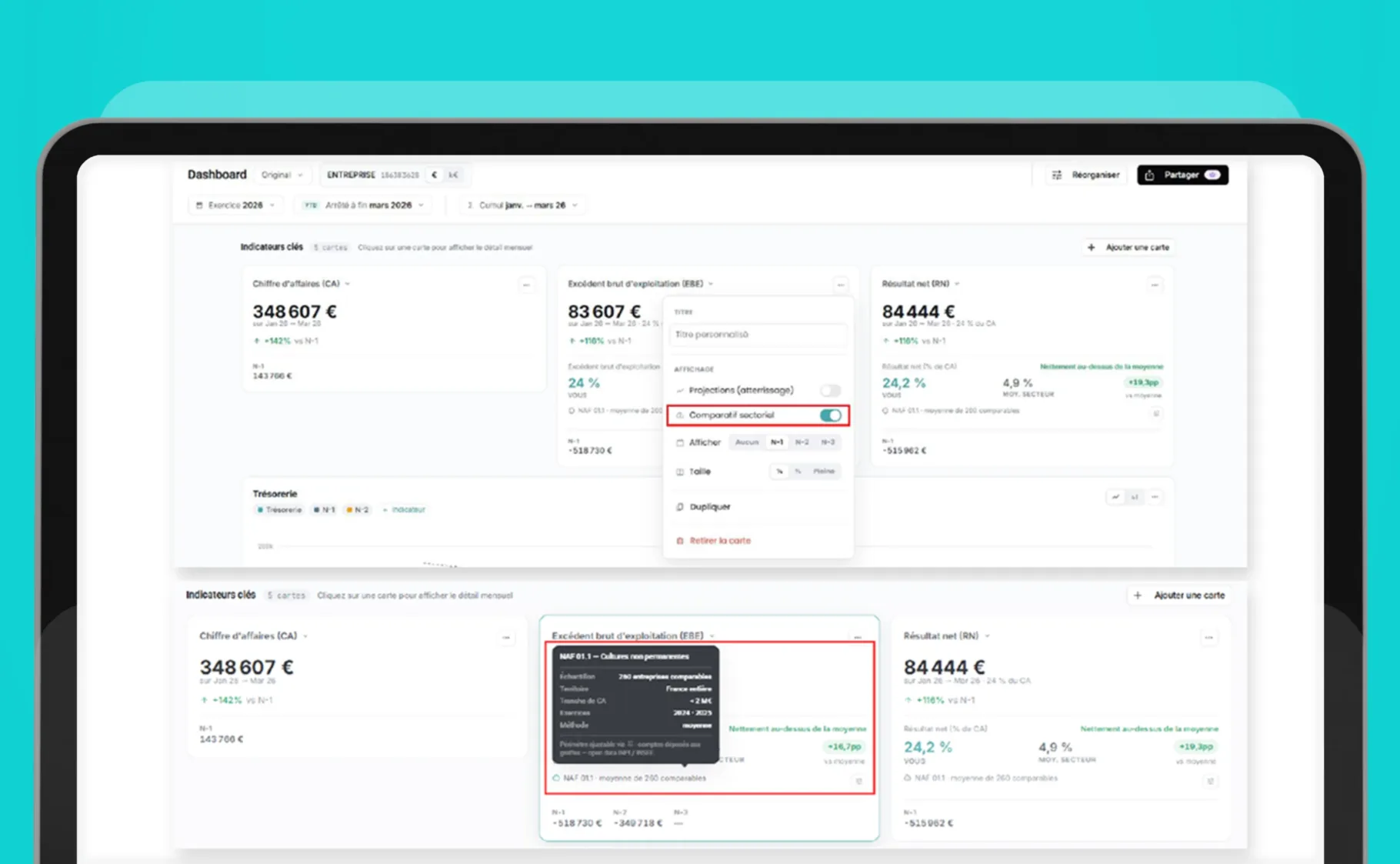 Comparatif sectoriel activable sur les cartes KPI du Dashboard MyU Pilotage Financier