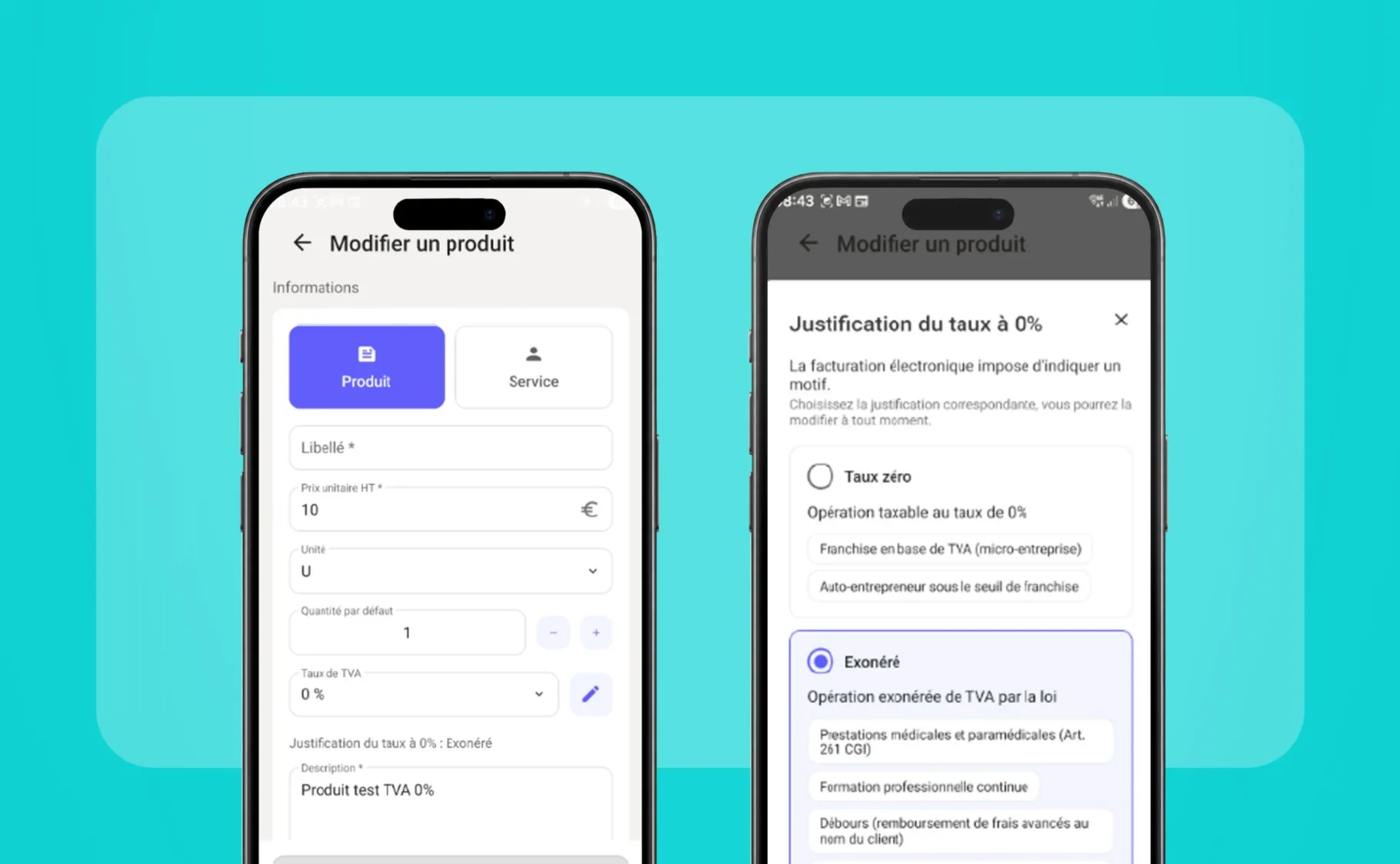 Motif d'exonération de TVA à 0% (taux zéro, exonéré, hors champ) à ajouter à un produit sur mobile MyUnisoft