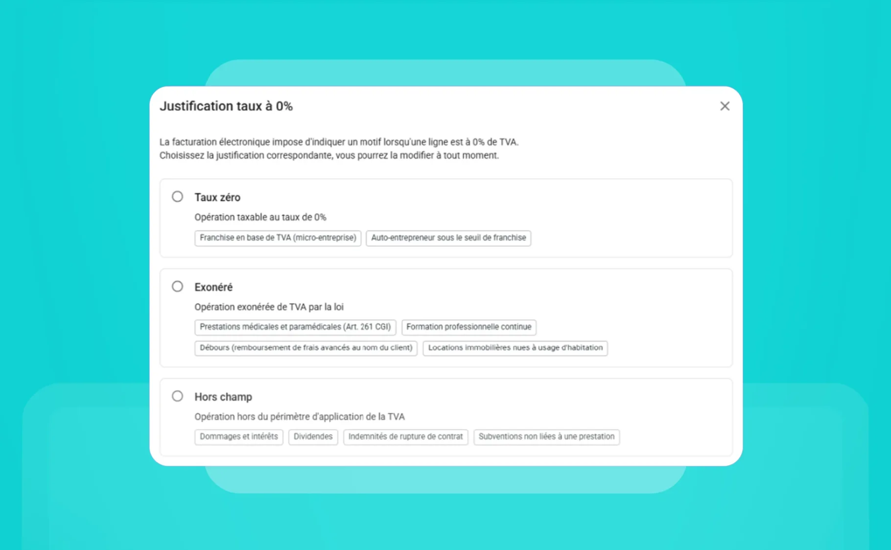 Justification du taux de TVA à 0% (taux zéro, exonéré, hors champ) dans MyU Gestion First