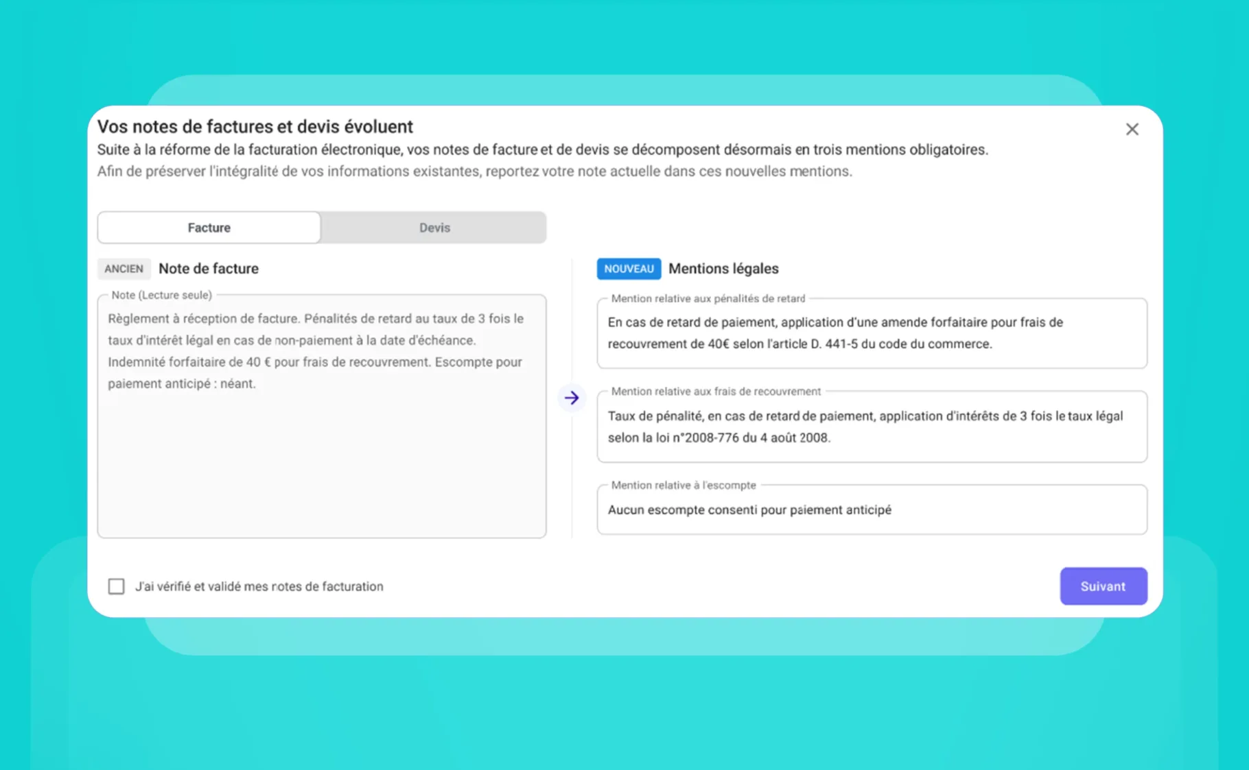 Passage des notes de facture aux mentions légales obligatoires suite à la réforme de facturation électronique MyU Gestion First