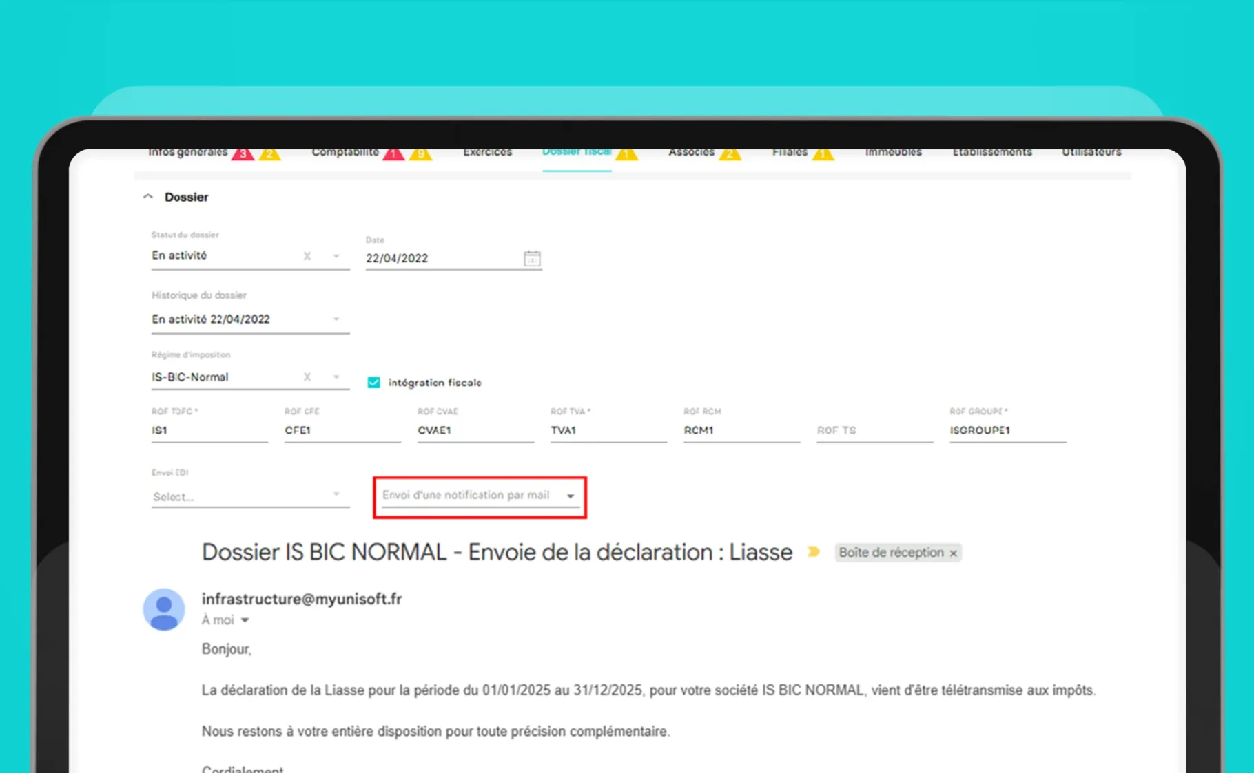 Notification par mail lors de l'envoi EDI de la liasse fiscale sur MyUnisoft