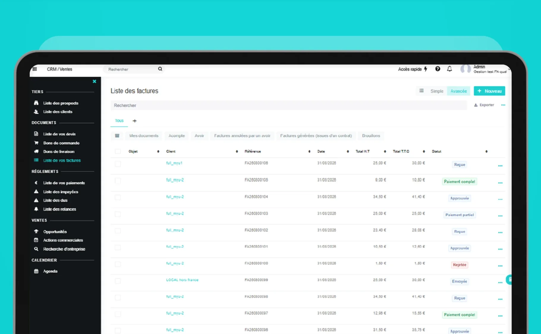 Liste des factures avec les nouveaux statuts (reçue, approuvée, rejetée, paiement complet) dans MyU Gestion