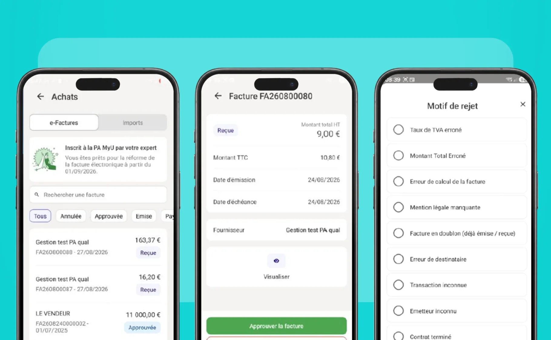 Interface mobile de réception des e-factures MyUnisoft : consultation, approbation et motif de rejet