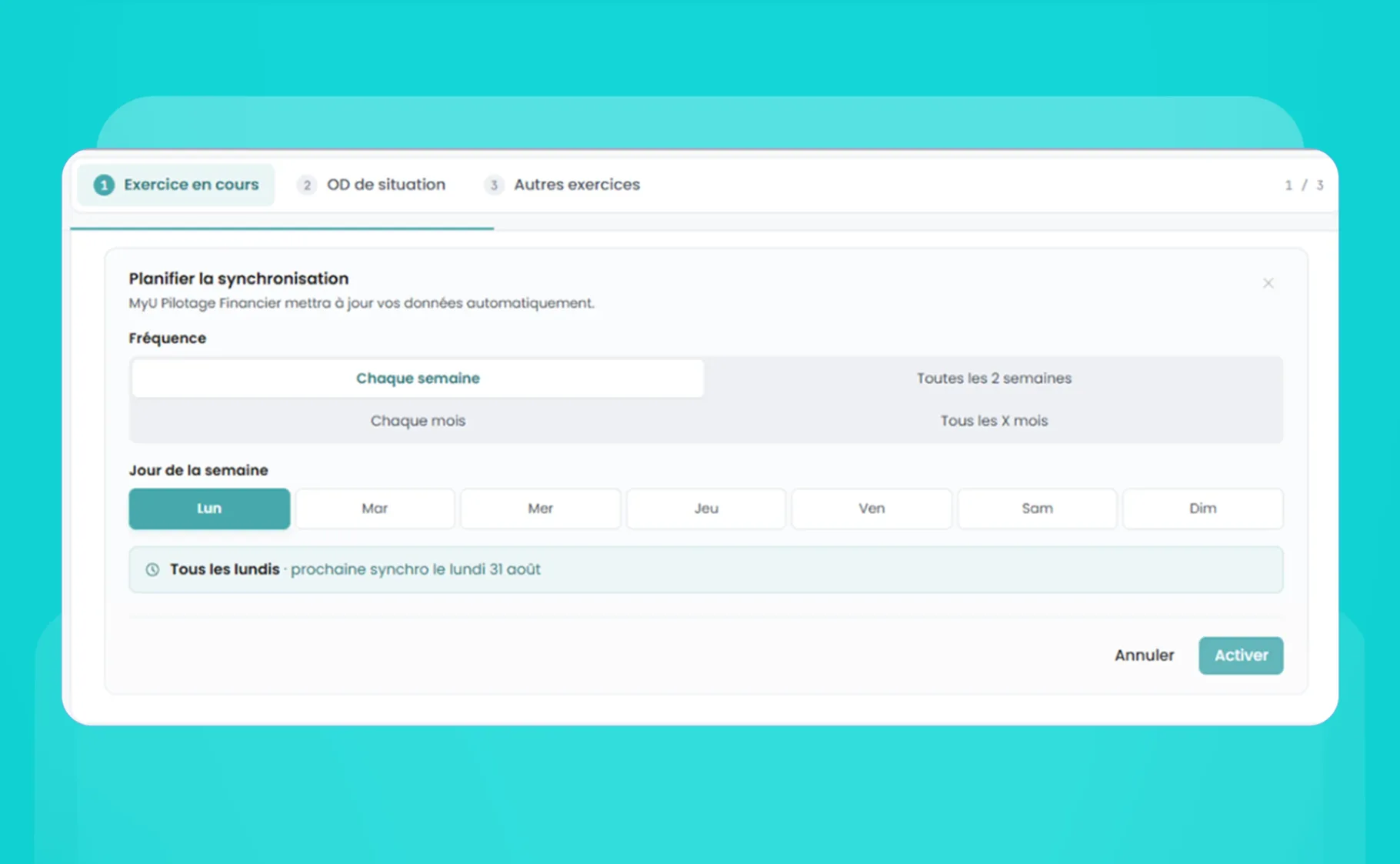 Planification de la synchronisation automatique des données dans MyU Pilotage Financier
