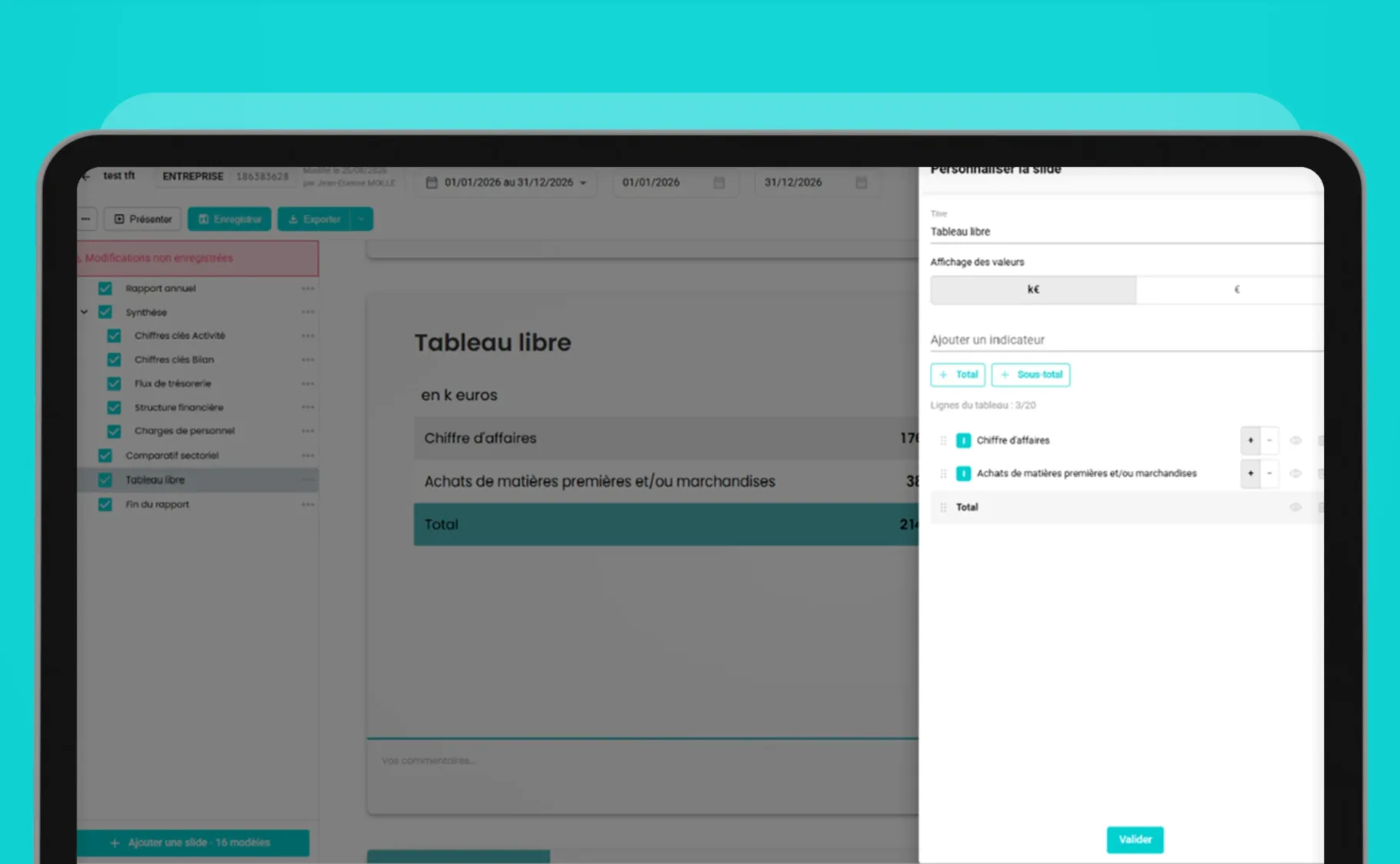 Diapositive Tableau libre MyU Pilotage Financier avec indicateurs, sous-totaux et totaux personnalisables