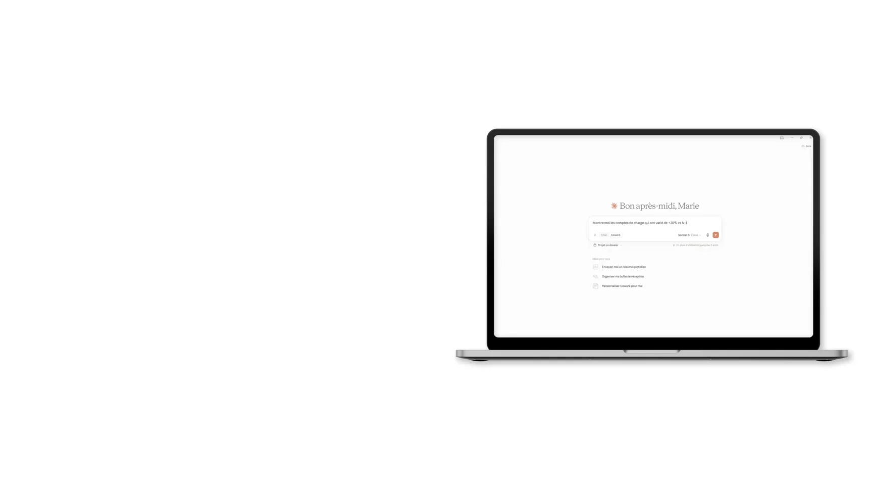 Interface Claude Cowork permettant d'interroger les comptes de charge en langage naturel plutôt que de naviguer manuellement dans le logiciel comptable
