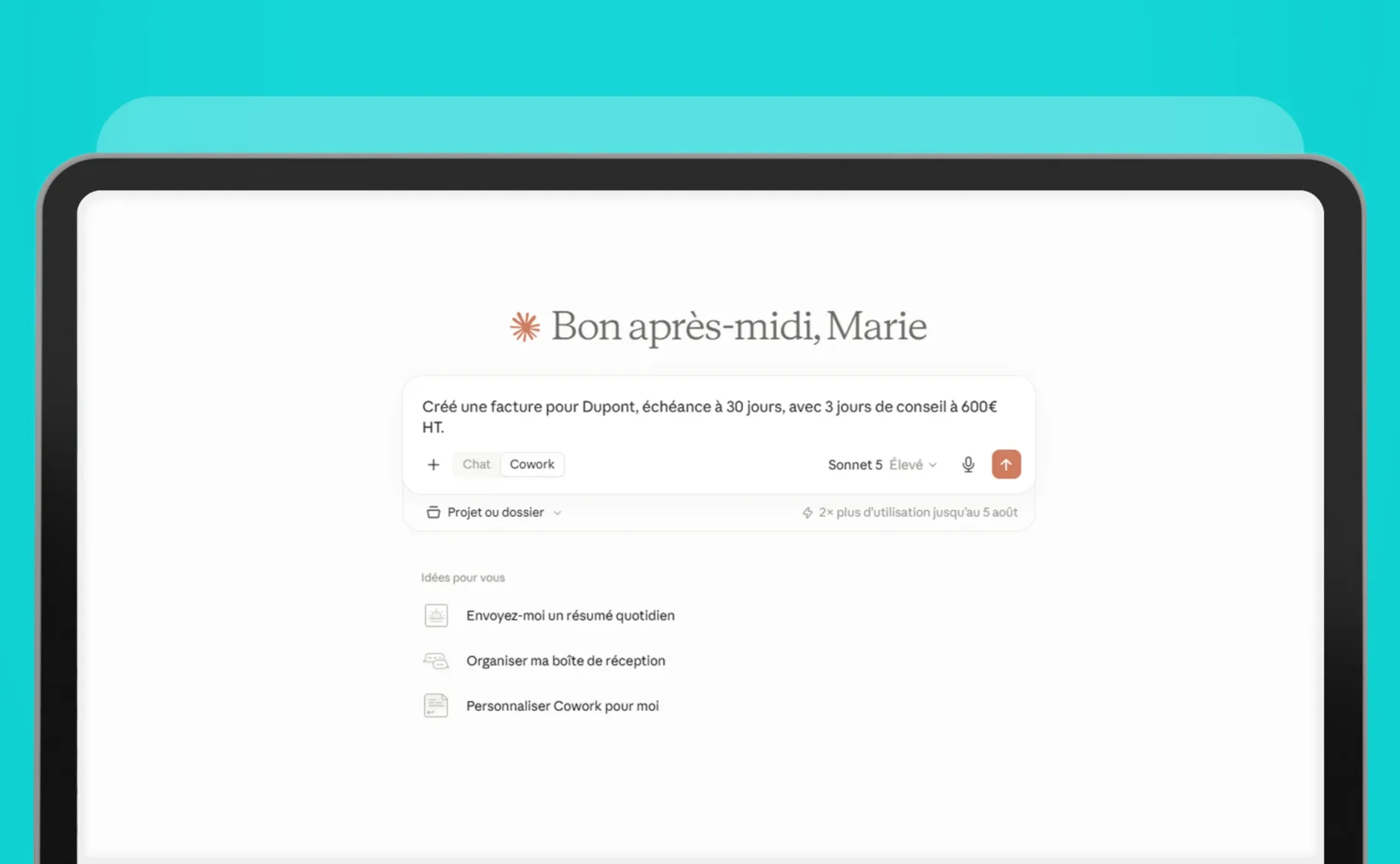 Création automatisée d'une facture client via l'assistant IA MyUnisoft, exemple de gestion financière simplifiée