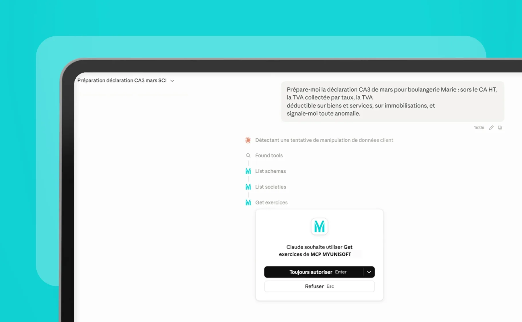 Préparation d'une déclaration de TVA CA3 avec détection automatique d'anomalies par l'IA MyUnisoft en production comptable
