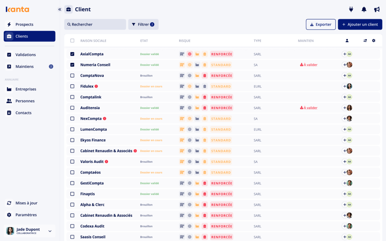 Interface Kanta - module de gestion des clients et lutte anti-blanchiment