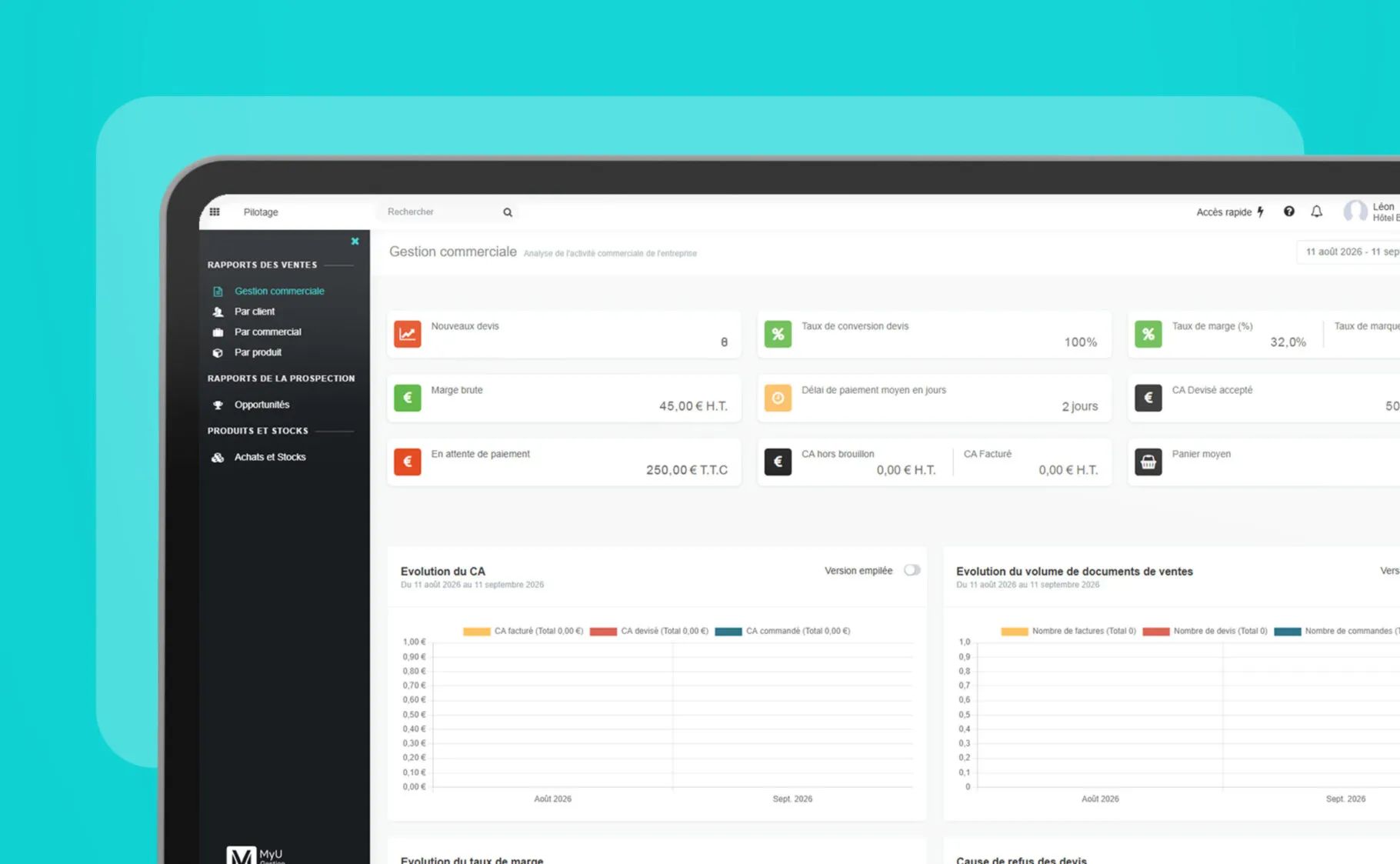Tableau de bord de pilotage commercial MyUnisoft - reporting conversationnel, CA, marge et taux de conversion pour TPE/PME