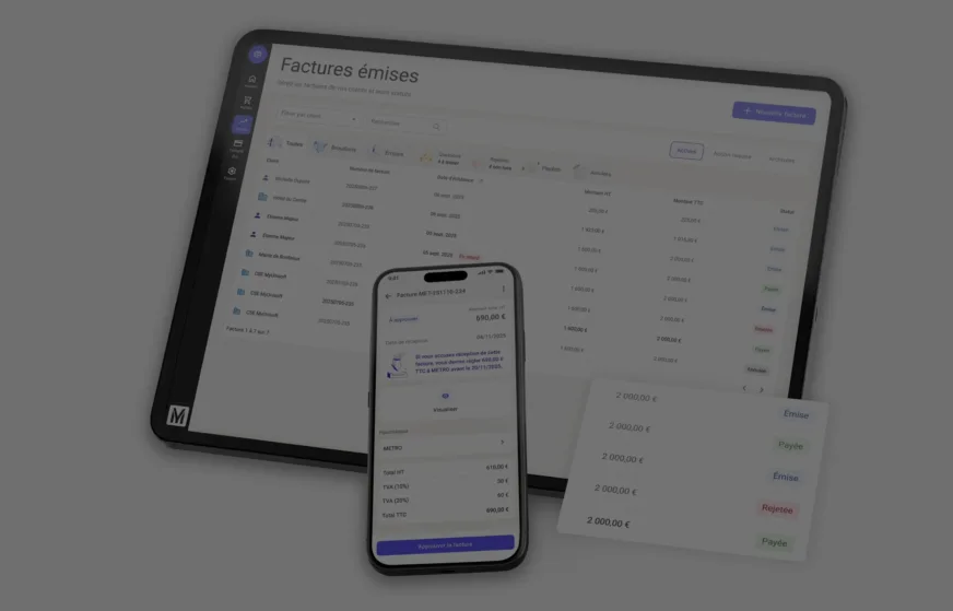 Logiciel de facturation MyUnisoft MyU Gestion First pour TPE et PME : suivi des factures émises sur tablette et approbation des factures fournisseurs sur mobile