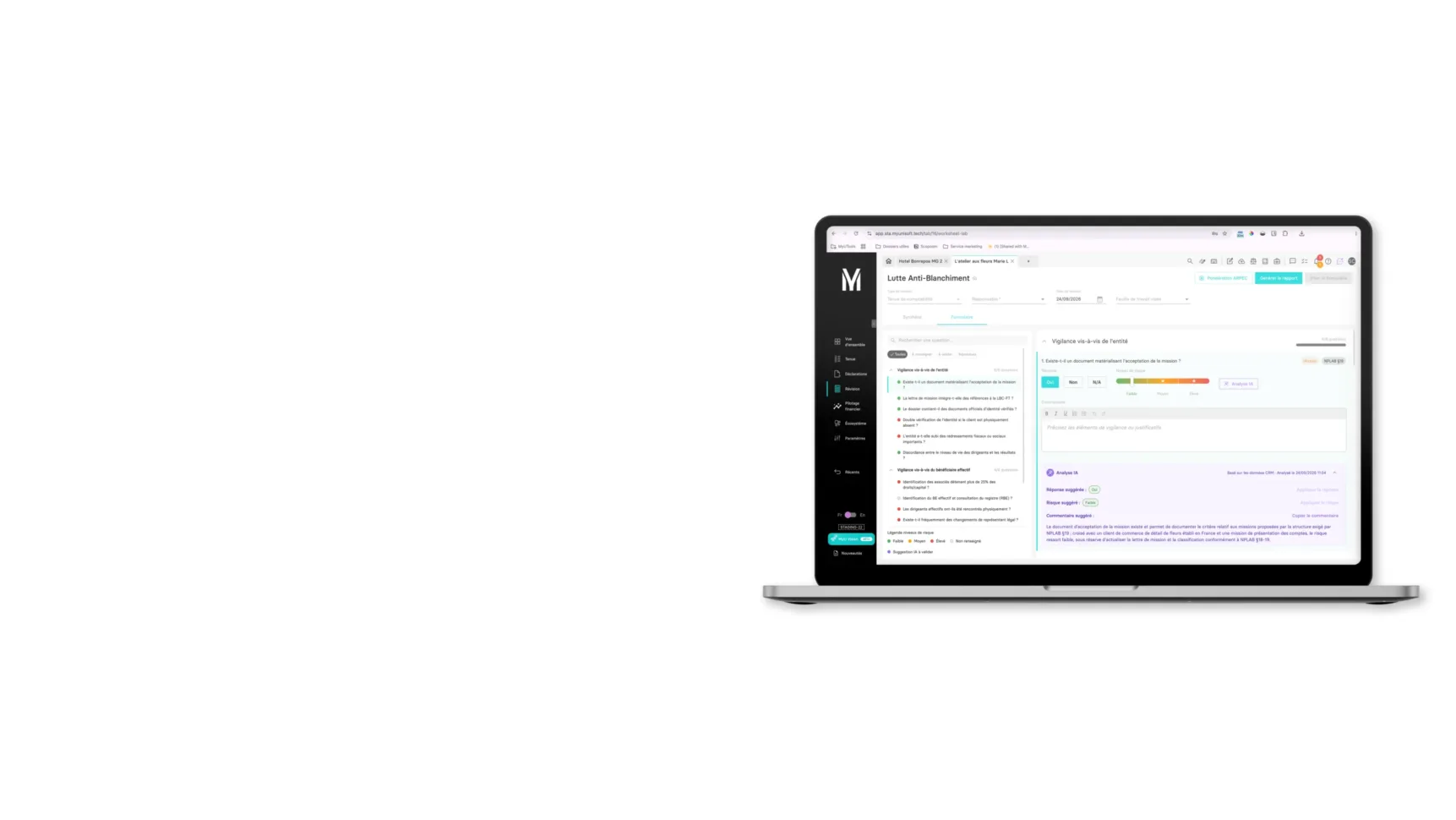 Questionnaire LAB MyUnisoft avec analyse IA pour évaluer le niveau de risque client en cabinet d'expertise comptable