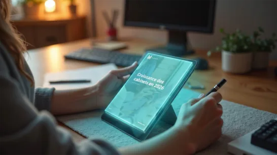 Couverture du livre blanc MyUnisoft « Croissance des cabinets en 2026 » affichée sur une tablette posée sur un bureau