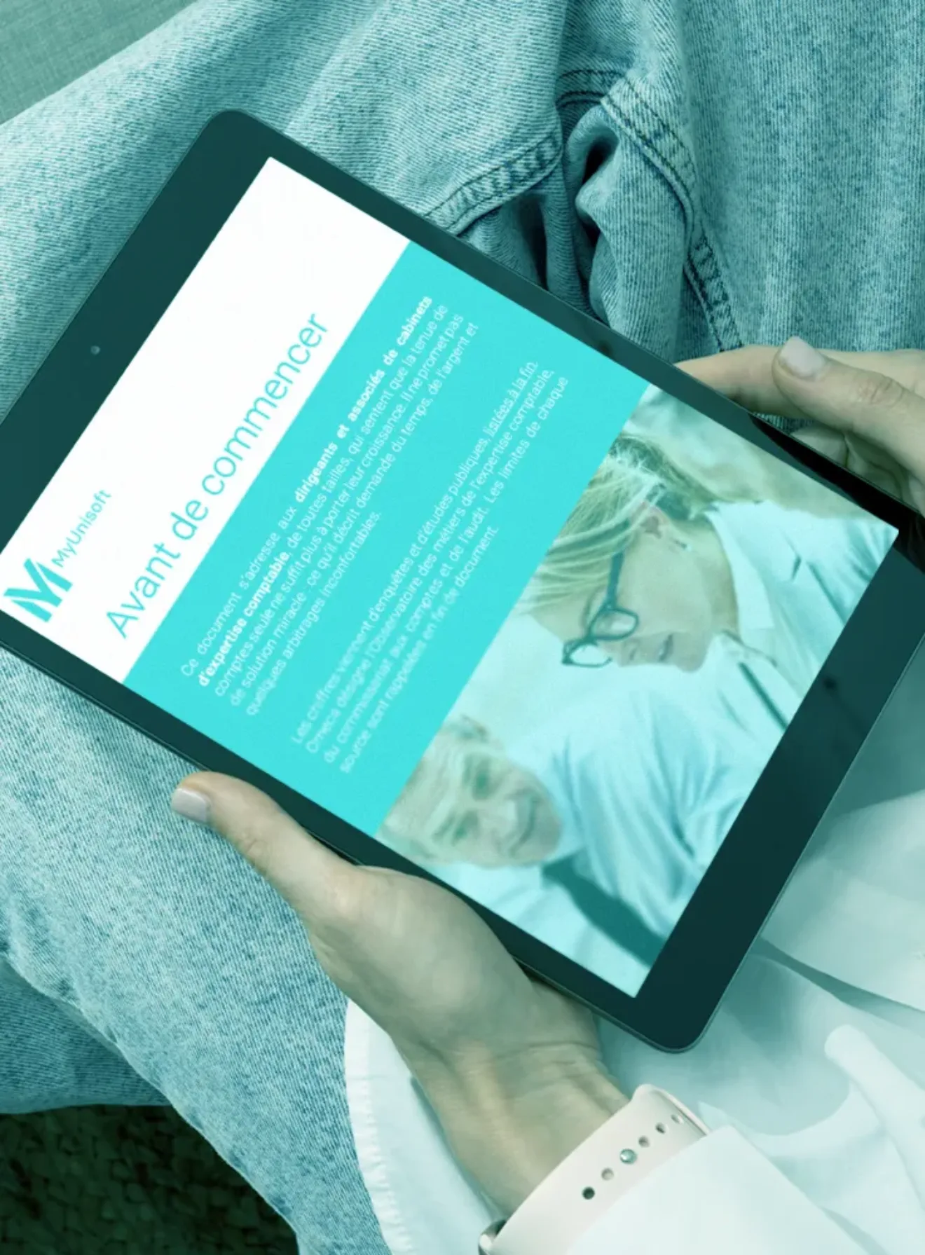 Livre blanc MyUnisoft pour cabinets d’expertise comptable affiché sur une tablette, page « Avant de commencer » consacrée à la croissance du cabinet