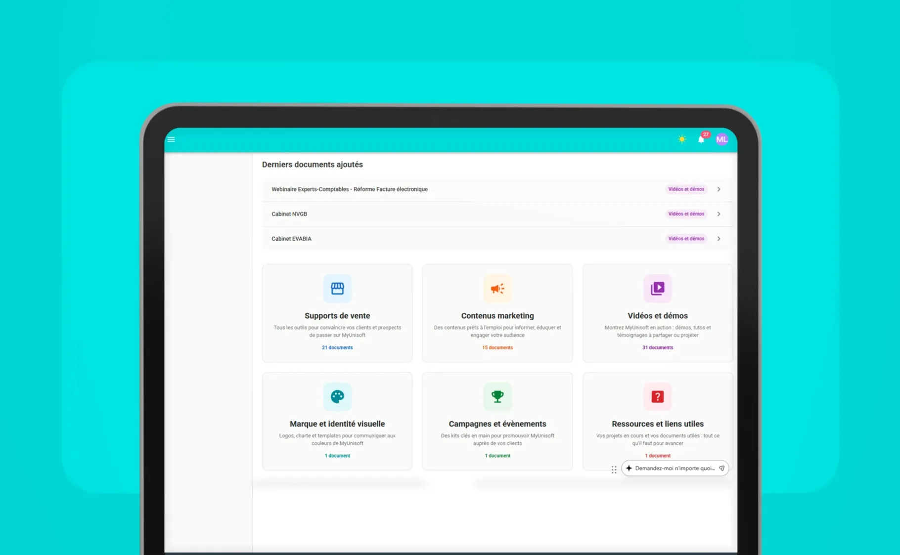 Bibliothèque de ressources MyU360 avec supports de vente, contenus marketing et vidéos pour cabinets comptables
