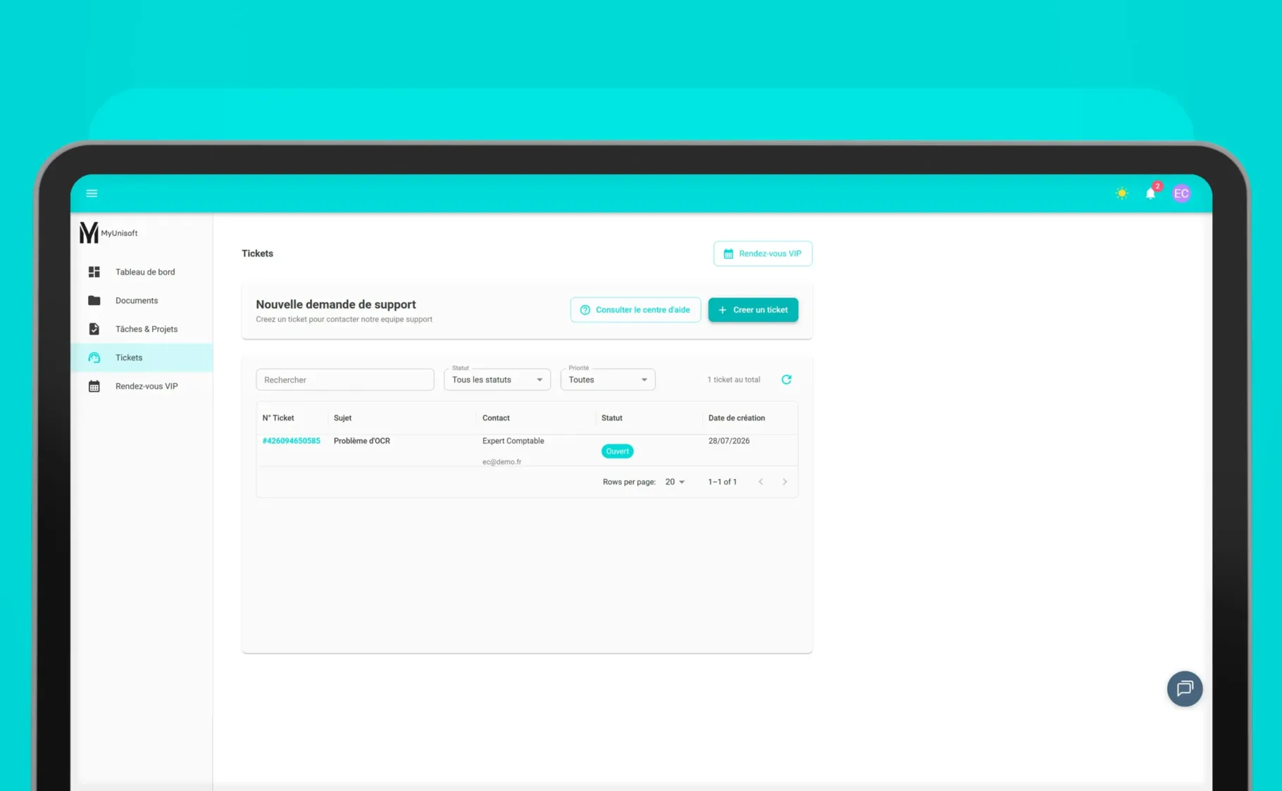 Espace Tickets MyU360 pour créer une demande de support MyUnisoft et suivre son statut en temps réel
