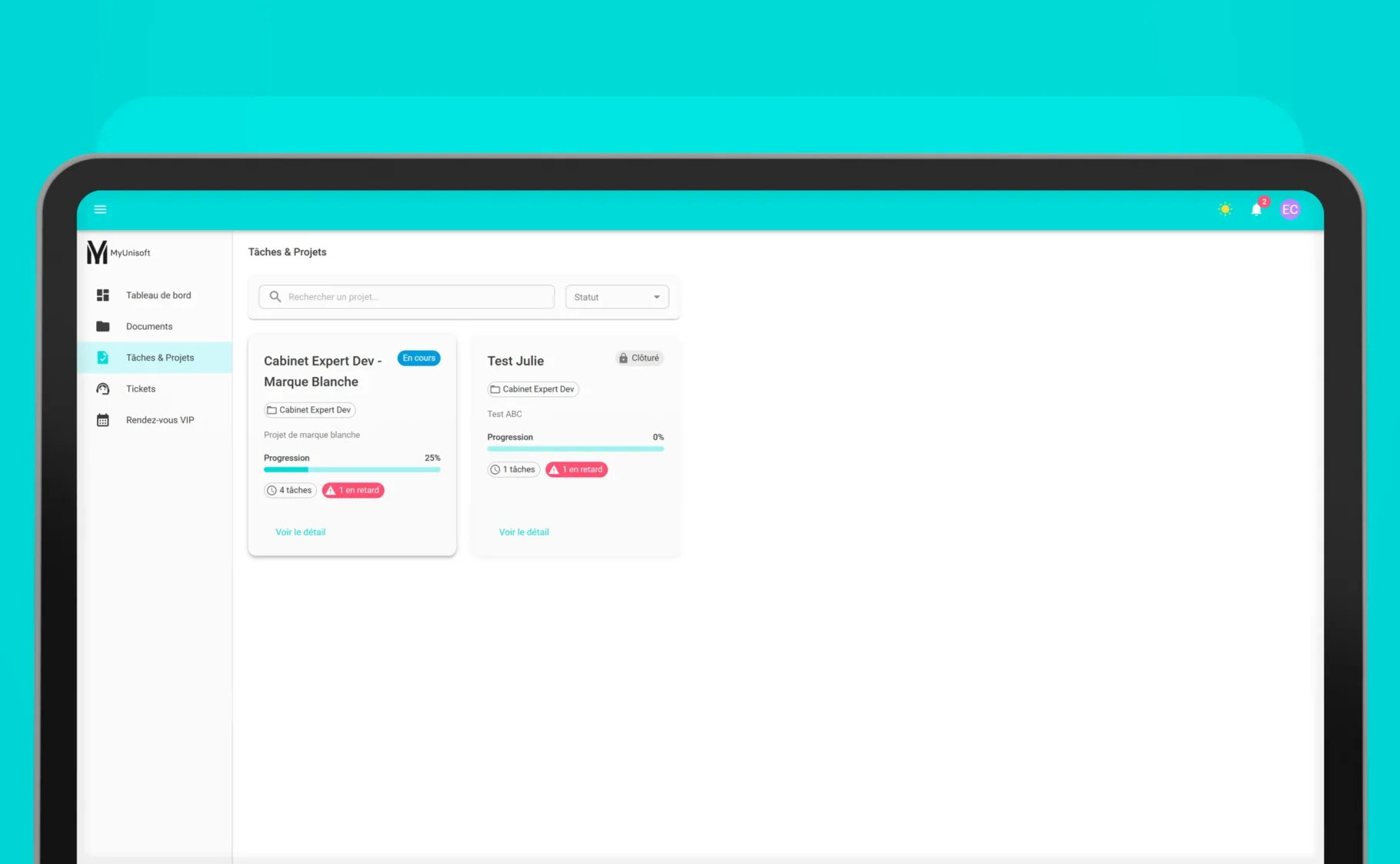 Module Tâches et Projets MyU360 affichant la progression et les retards des projets du cabinet comptable