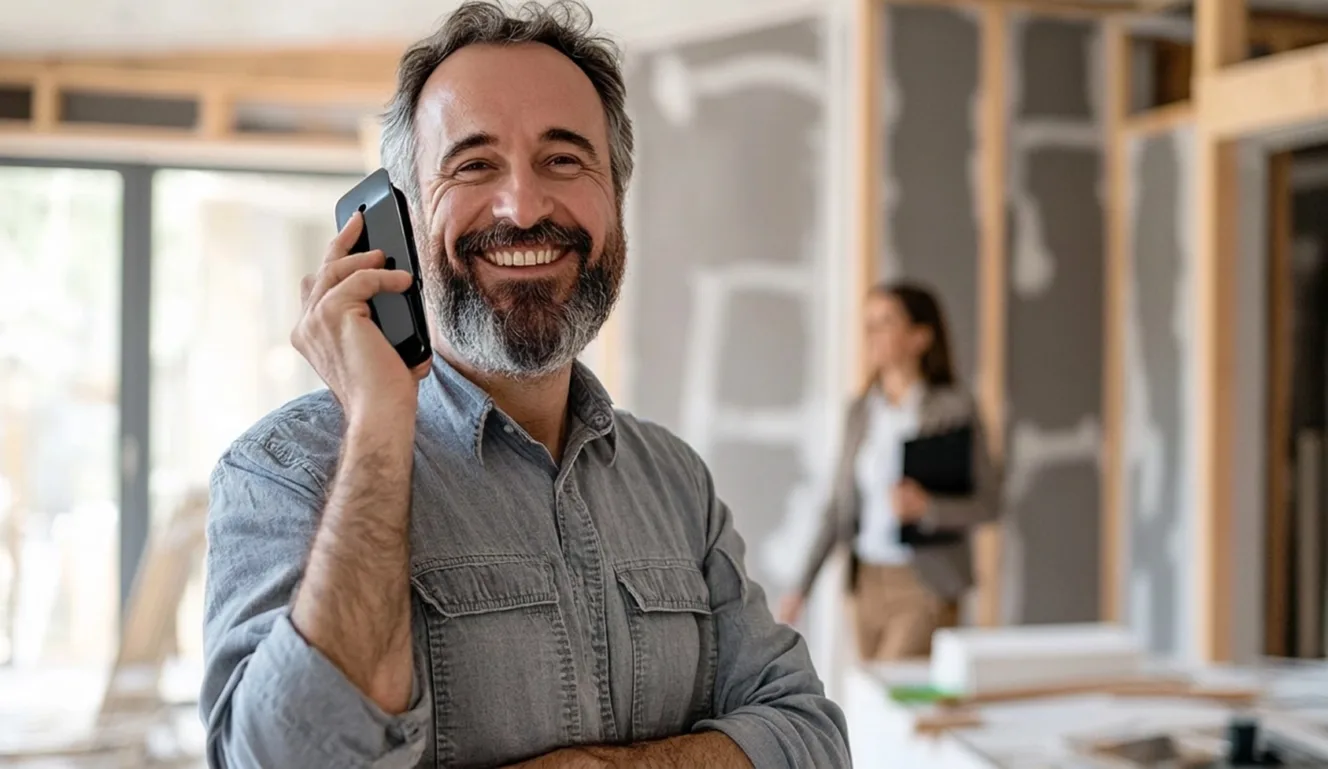 Artisan du bâtiment souriant au téléphone sur un chantier de rénovation, cliente en arrière plan avec son dossier