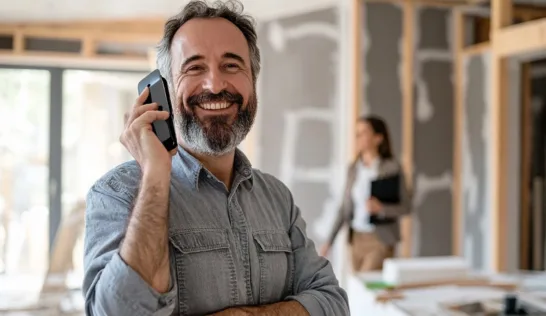 Artisan du bâtiment souriant au téléphone sur un chantier de rénovation, cliente en arrière plan avec son dossier