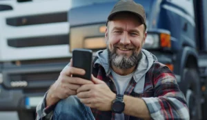 Transporteur indépendant souriant devant son camion, consultant sur son smartphone le suivi des paiements de ses clients